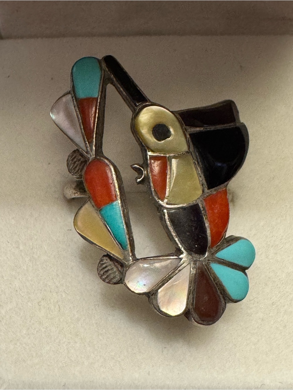 Vintage Zuni ESALIO Sterling Silver Hummingbird Inlay Ring - Size 7
